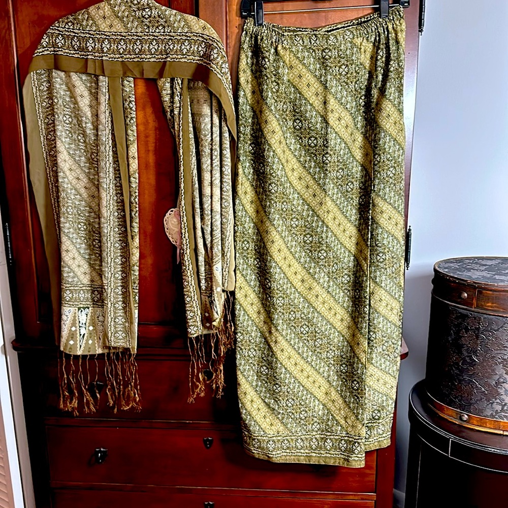 Malaysian batik skirt with matching scarf.